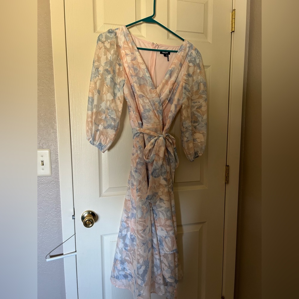 DKNY pink and blue dress. Tie waist, faux wrap, sheer puff sleeves